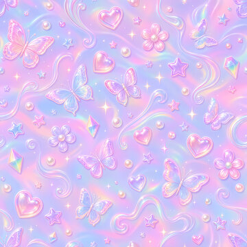 Pink pastel holographic seamless pattern with butterflies