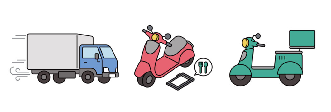 Minimal vector delivery vehicle set featuring delivery truck, food delivery scooter, and cargo scooter for logistics and courier services.