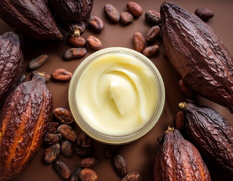 cocoa butter lotion on a brown background with cocoa beans