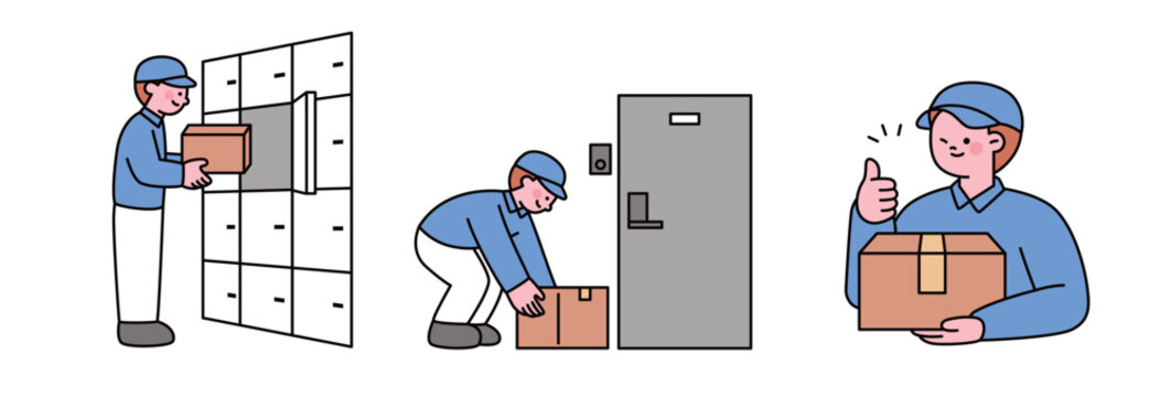 Minimal vector delivery character set featuring parcel locker delivery, doorstep package drop-off, and successful contactless delivery.
