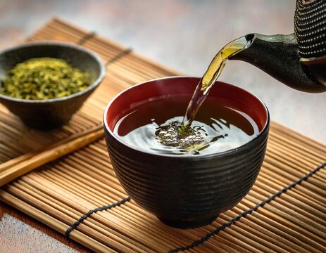 side view of genmaicha tea being poured into a teacup with a background of traditional japanese decor genmaicha tea traditional essence
