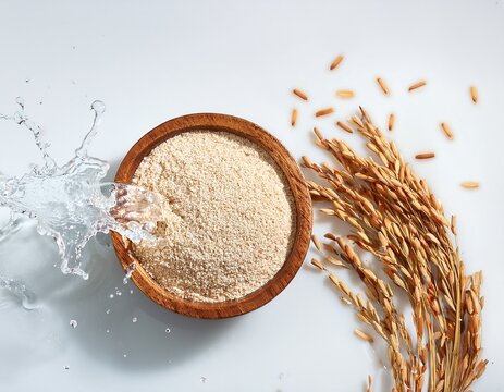 top view rice bran water splash with bran on white surface skincare banner with space for text