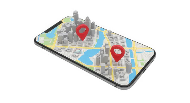 Smartphone screen showing a city map with red location pin markers isolated on transparent background