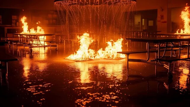 Water pouring from ceiling over a classroom with fire and tables in a safety system activation concept.