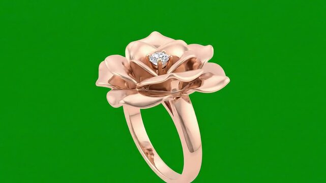 Exquisite rose shaped gold ring with a sparkling diamond in the center on green background