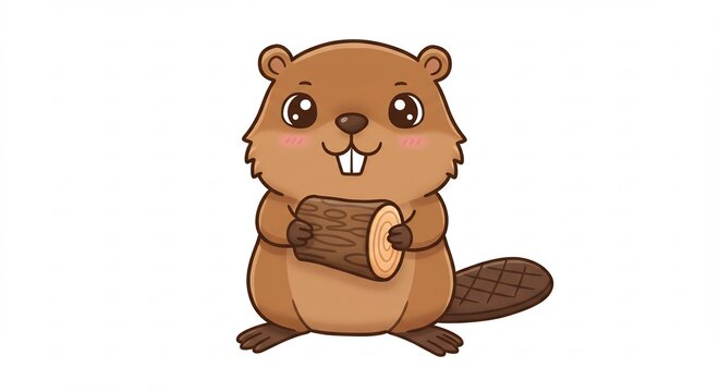 Cute Cartoon Beaver Holding a Log