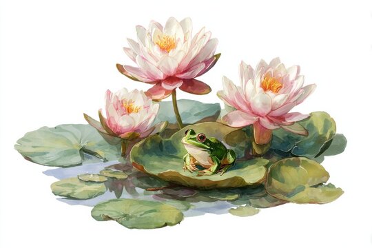 Three blooming water lilies with a green frog on a lily pad in a tranquil pond setting.