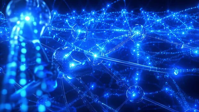 Blue artificial intelligence neural network with glowing nodes and seamless flowing data creating a futuristic background for machine learning technology and innovation.
