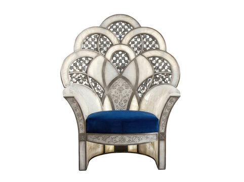 Elegant royal throne chair with blue velvet seat and ornate carvings furniture traditional