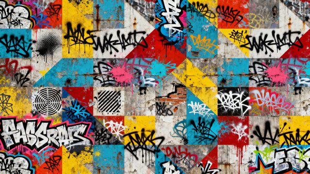 A seamless, tiled texture of the chaotic multicolored street art , extended over a vast flat plane