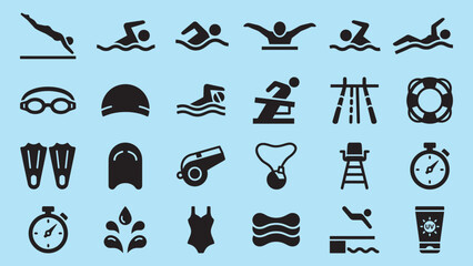 Swimming and water sports icon set featuring swimmers, pool accessories, and equipment vector illustration © Something