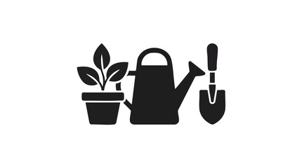 Gardening shop icon vector illustration featuring a watering can with plant and shovel © bagas