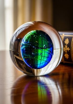 ガラス球に閉じ込められた、緑と青の神秘的な世界