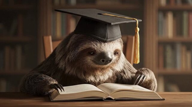 A cute sloth wearing a graduation cap studying in a library book academic education knowledge