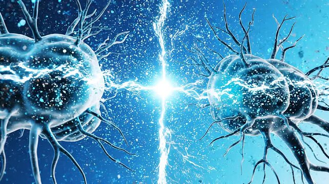 Two glowing abstract neurons suspended on a futuristic bright blue vertical background