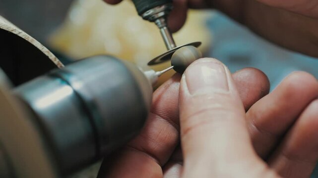 Cinematic macro close-up shot of a craftsman shaping a decorative mineral stone using a rotary micro motor tool in a workshop.