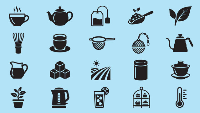Set of tea icons including teapot, cup, tea bag, strainer, and kettle