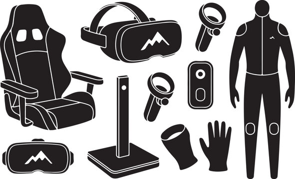Virtual reality equipment silhouettes including headset goggles motion controllers haptic suit and gaming chair for immersive play.