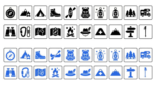 Camping and outdoor recreation vector icon set with compass mountain tent hiking gear and wilderness equipment.