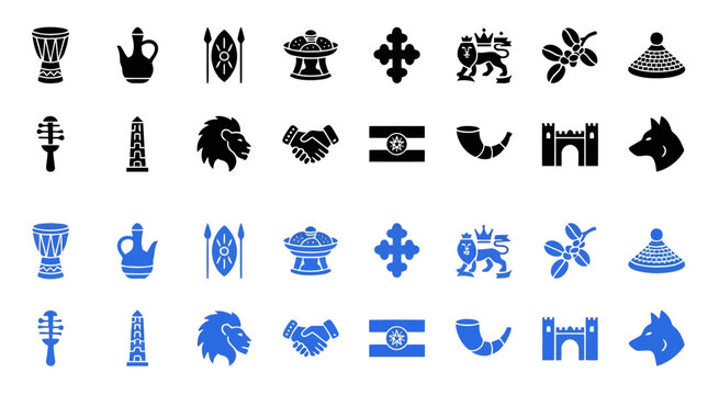 Ethiopian culture black and blue glyph icons, africa travel traditional symbols set.