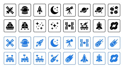 Space exploration and astronomy vector icons with rockets and planets. © Rimon