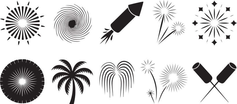 Collection of firework icons featuring various explosive effects, palm trees, and abstract patterns for celebration.