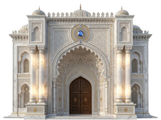 Fototapeta premium Grand white marble palace entrance with ornate columns and decorative engravings entrance building
