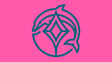 Jumping dolphin with star circle on pink background. © Max