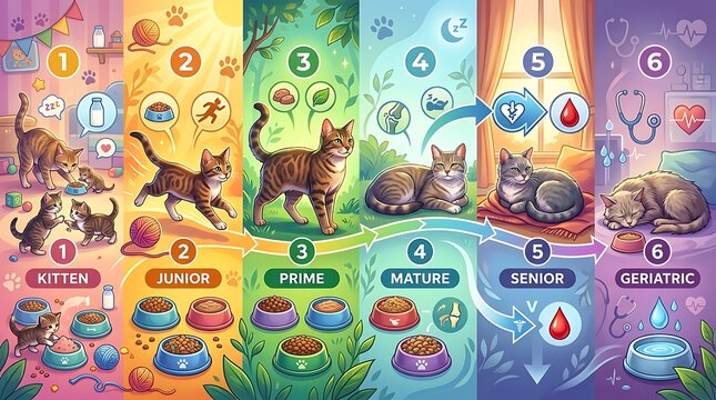 Infographic showing cat life stages from kitten to geriatric age