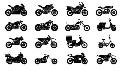Black Motorcycle Side View Silhouette Vector Icons with Racing Touring Scooter and Chopper Collection © HASAN