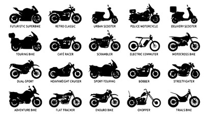 Fototapeta premium Motorcycle Silhouette Vector Set with Sport Bike Scooter Chopper Cruiser and Motocross Icons