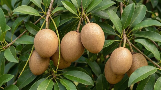 Clusters of brown sapodilla fruits hanging from branches with green oval leaves on a sapodilla tree, close-up view of manilkara zapota fruit in an orchard setting