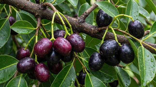 Clusters of ripe, dark purple java plum fruits hanging from a tree branch with green leaves, covered in small water droplets after rain in a natural orchard setting