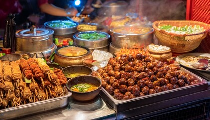 Obraz premium variety of traditional taiwanese street food displayed at raohe night market in taipei
