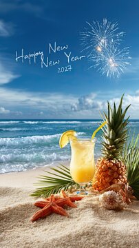 Tropical beach blue cocktails, hibiscus flowers, pineapple and starfish, 2027 Happy New Year written on sand, island vacation vertical new year greeting poster social media graphic material