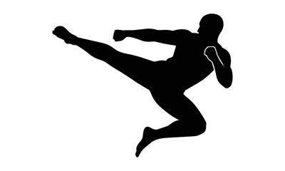 Obraz premium Black silhouette of a martial artist performing a powerful flying kick in mid-air isolated on white background, athletic movement and combat sports concept