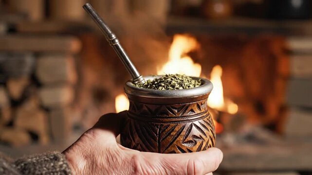 Hand holding yerba mate gourd near warm fireplace