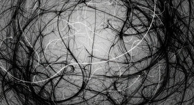 Close up black and white tangled hair texture background.