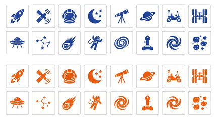 Set of 32 space exploration and astronomy icons including rocket satellite and astronaut. © Rimon