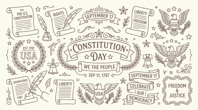 Constitution Day illustration with symbols of American democracy and freedom.