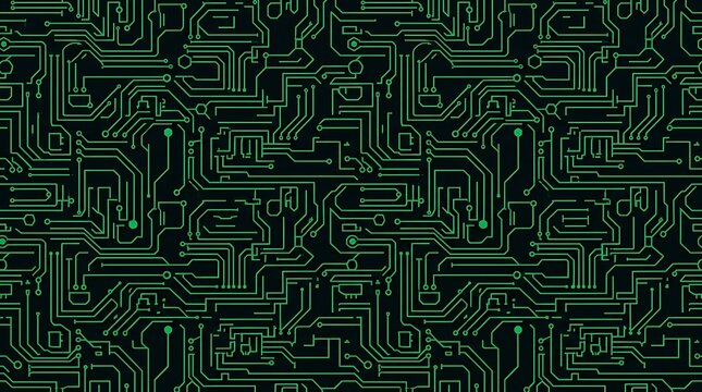 Seamless green circuit board pattern on black background