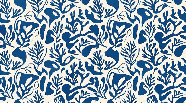 Abstract blue seaweed and coral seamless pattern on cream background