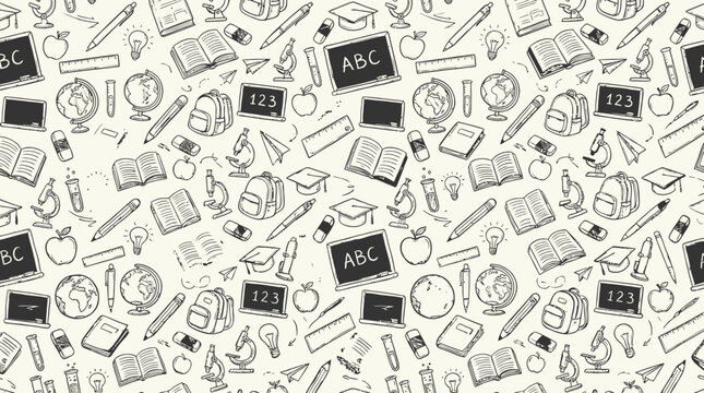 Doodle Seamless Pattern: Back to School Supplies, Education, Learning, ABC, Globe, Books