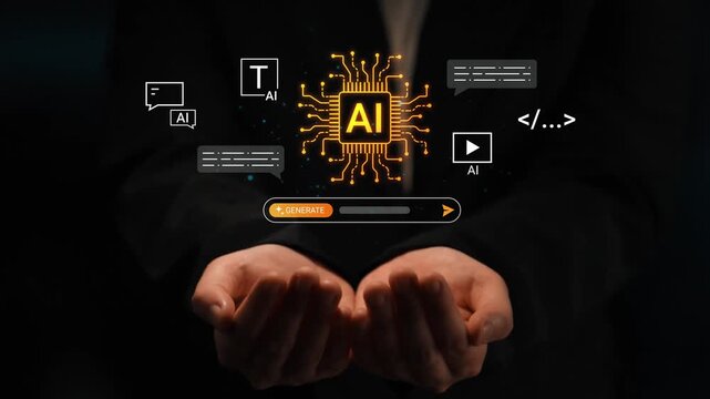 Hands Holding AI Concept with Circuit Board, Text Bubbles, and Media Symbols for Technology and Innovation Themes in Modern Digital Landscape Gluon.