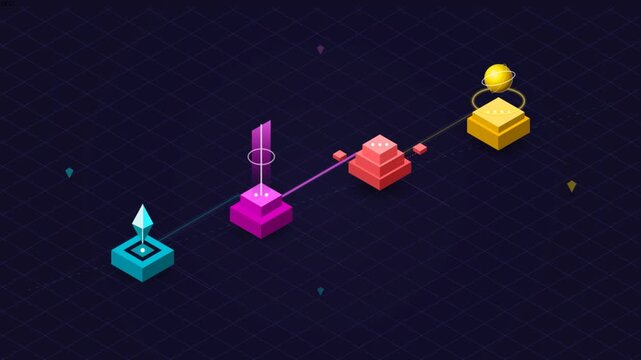 Isometric digital flowchart showing step by step process with glowing icons