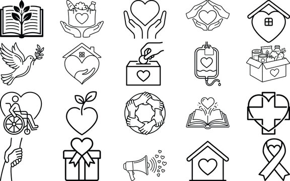 Humanitarian Charity Icon Set Non Profit Line Art Vector Package