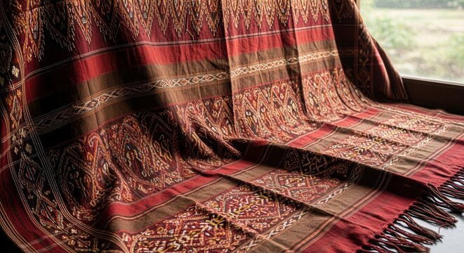 Traditional Indonesian Ulos Fabric with Intricate Ethnic Patterns.