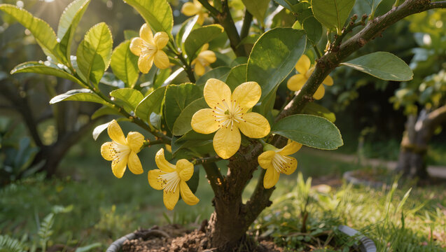 Vibrant Yellow Ochna Serrulata Flowers Blooming on a Bonsai Tree in Sunlight