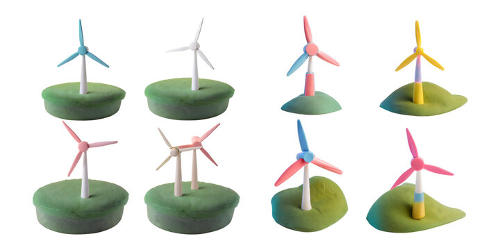 Colorful Clay Model Wind Turbines on Green Bases for Renewable Energy, isolated on transparent background