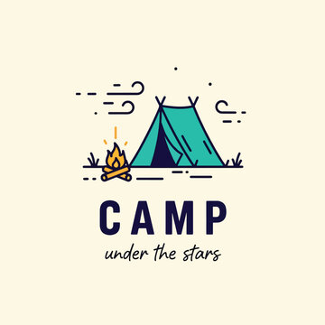 Minimalist camping logo design featuring a teal tent and campfire.
